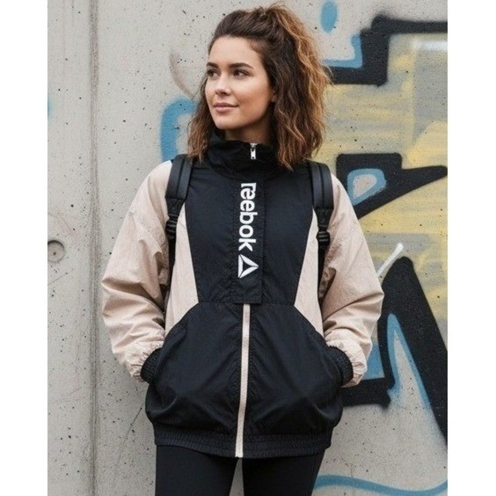 Reebok Focus Windbreaker Track Jacket Womens XL Black Cream Colorblock Y2K Sport